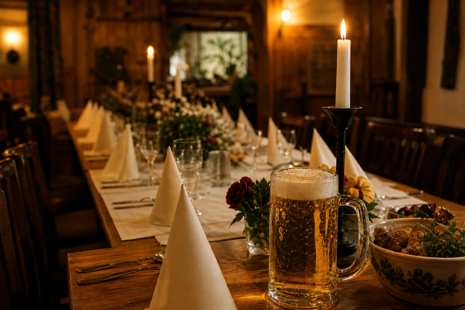Festlich gedeckter Tisch im Gastraum mit Kerzenlicht und Bierkrug